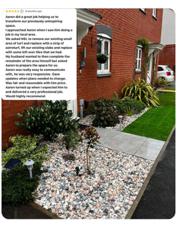 Red-brick home front garden with stone edging, new patio, and decorative gravel