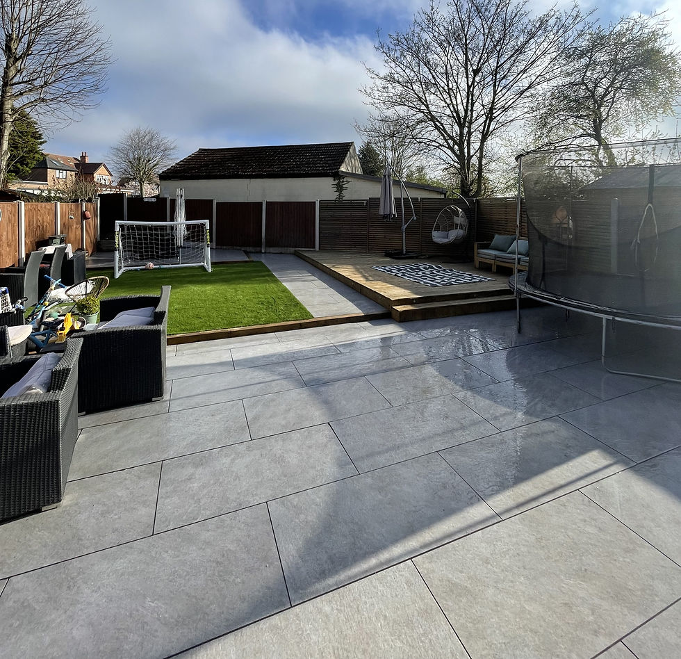 Modern Nottingham garden featuring grey tiled patio, timber decking, and artificial lawn – garden landscaping Nottingham