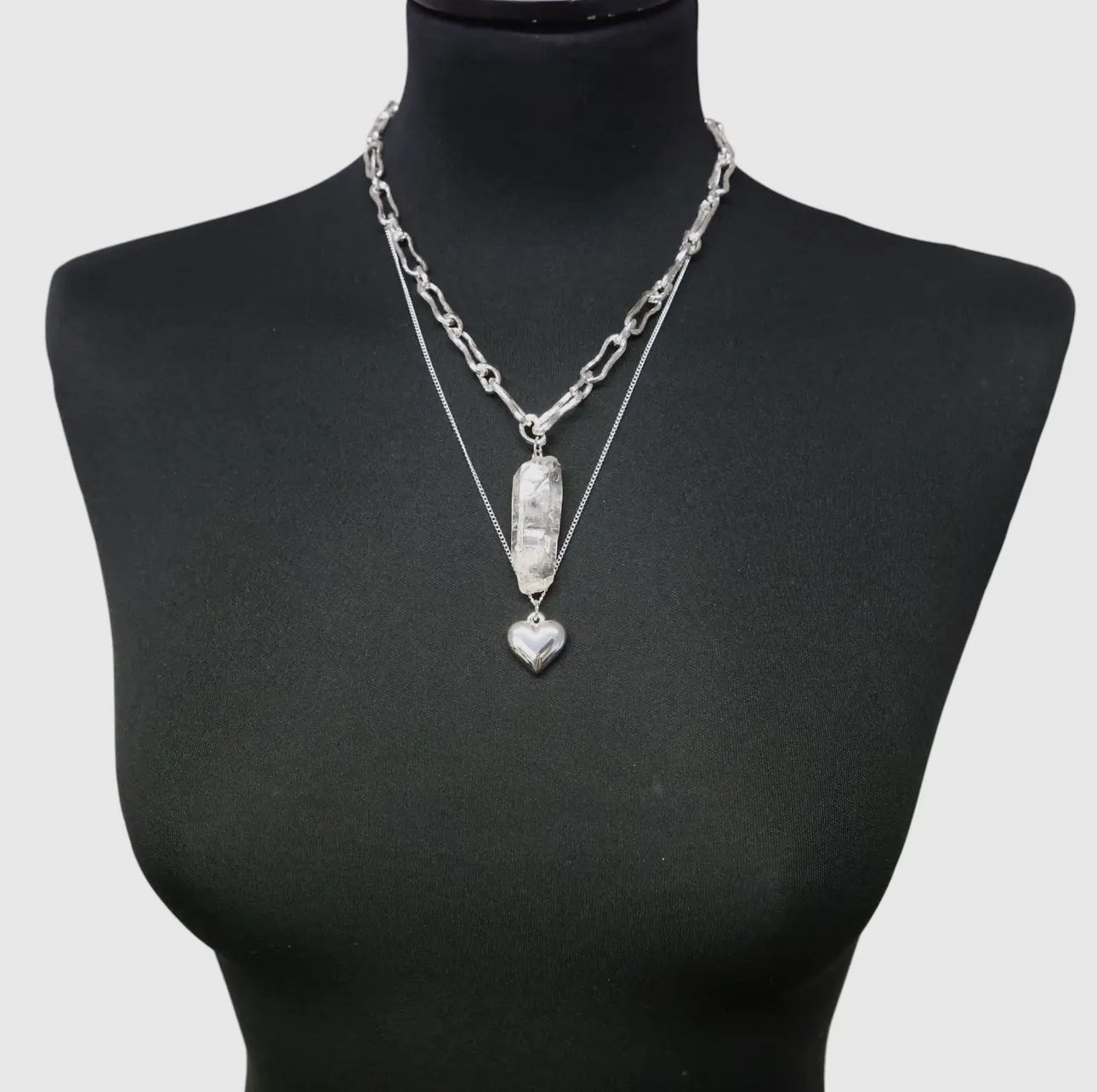 Layered Necklace in Sliver with clear stone and heart