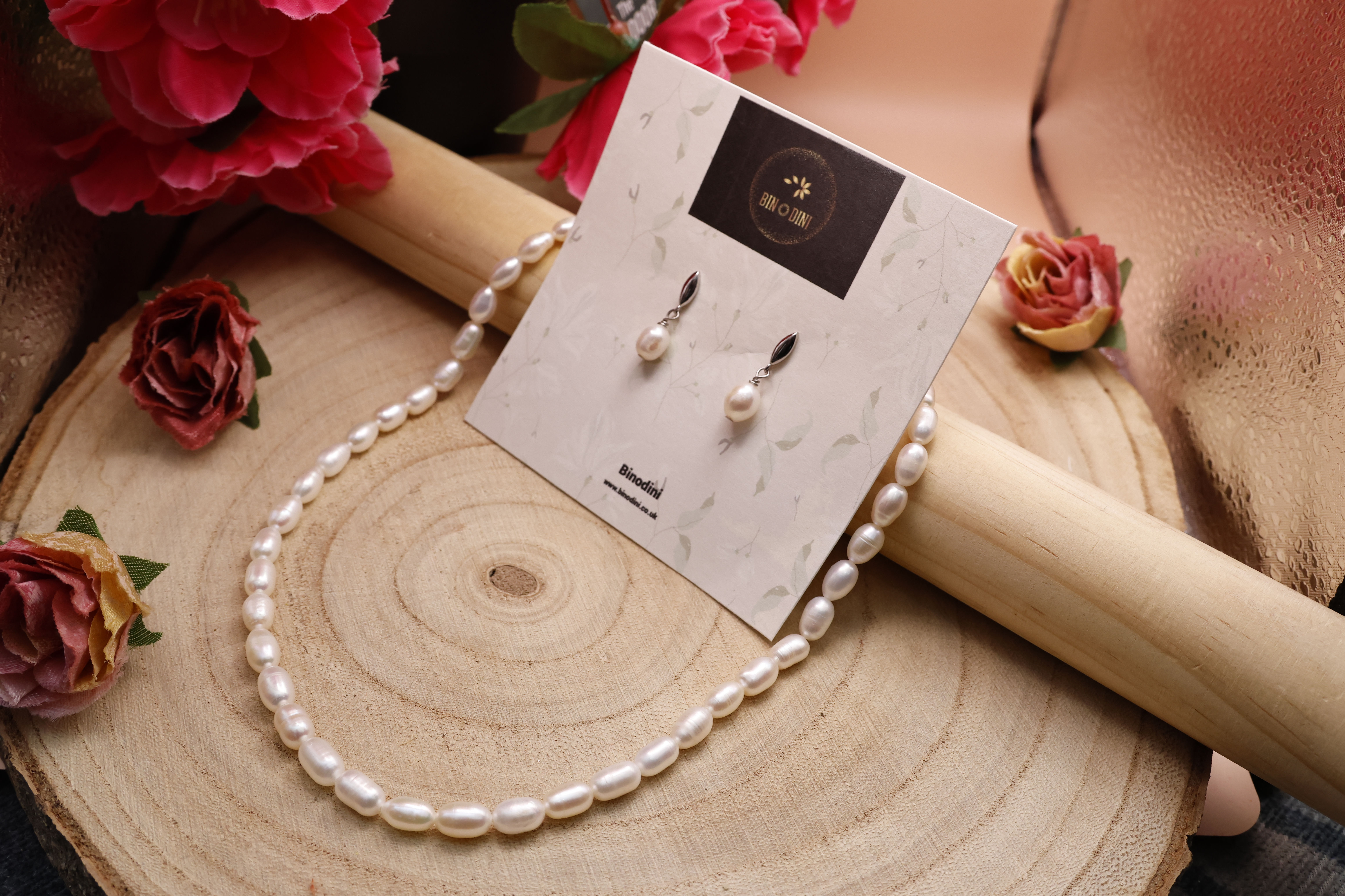 Fresh Water Pearl Necklace with 925 Sterling Silver Pearl Drop Earrings