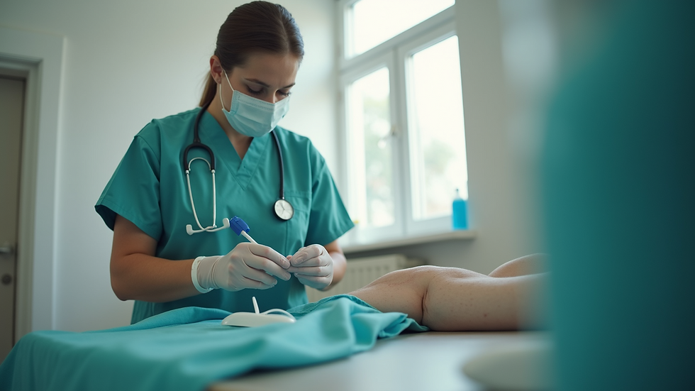 Eye-level view of a nurse preparing wound care supplies in a home setting
