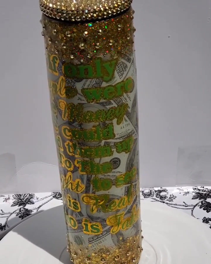 GLITZ & BLING STAINLESS STEEL TUMBLER: 35oz 100 Dollar Bill Gold Lips