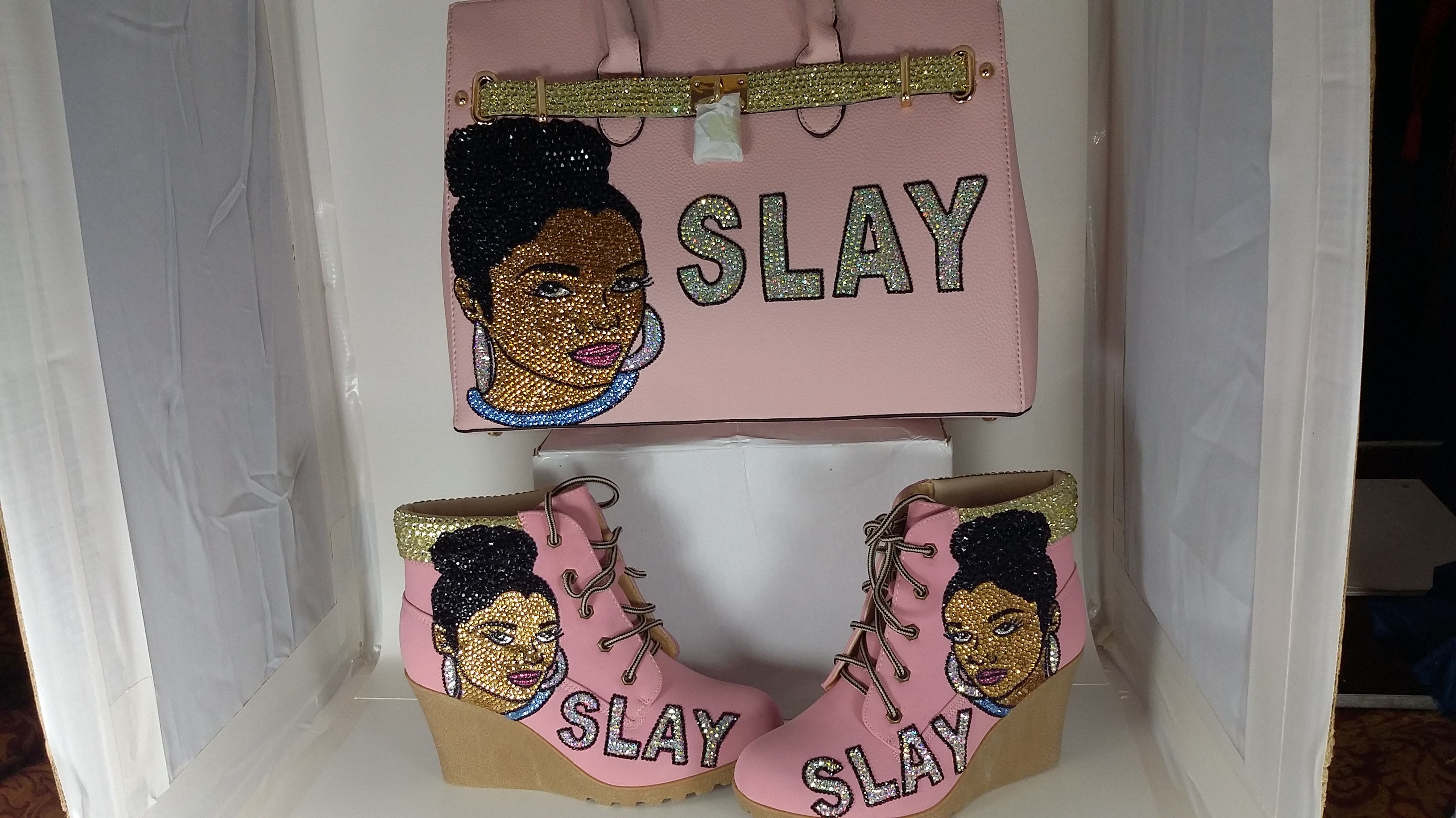 Pink "SLAY" Set (Large Handbag Pink Wedges size 8)
