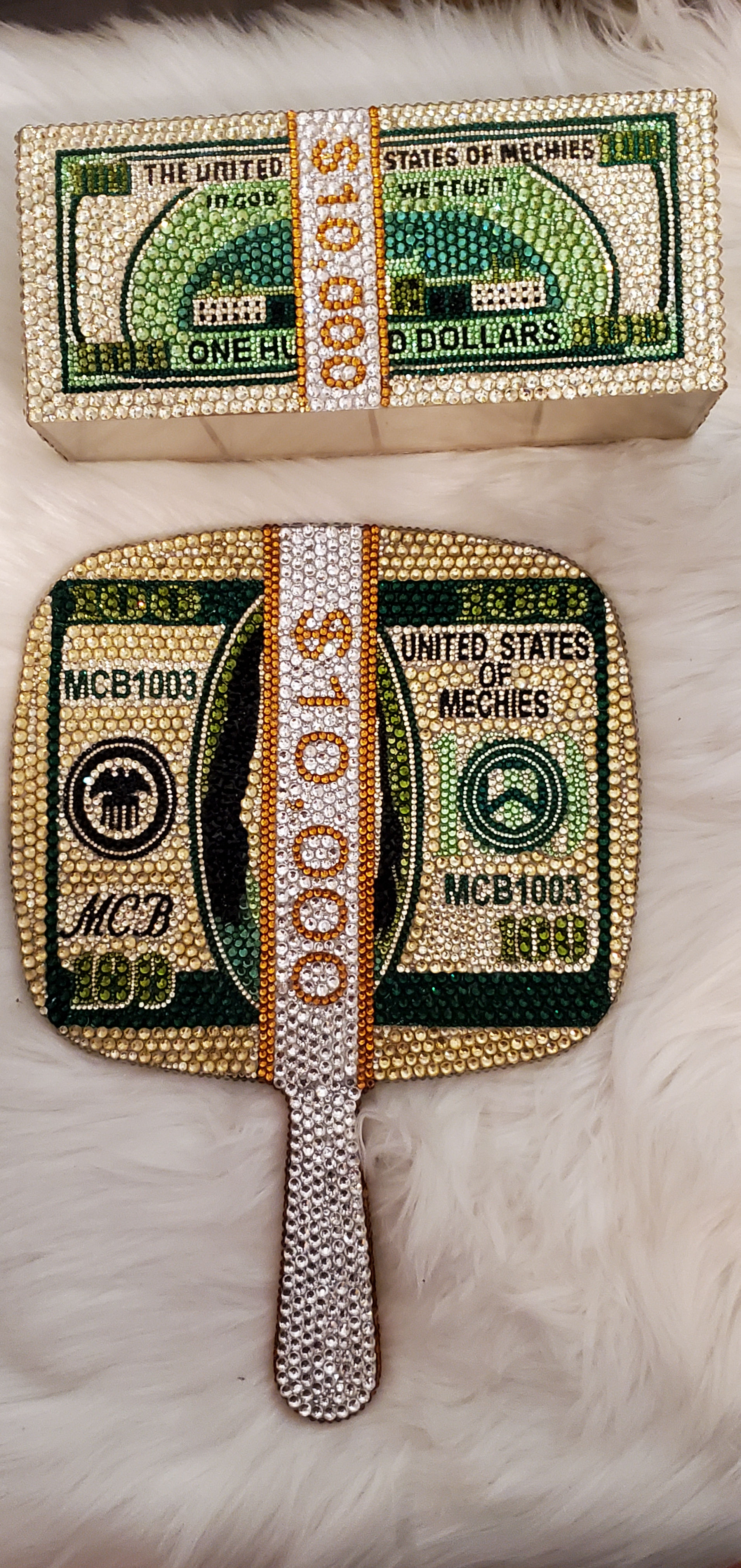 LARGE SET: 100 Dollar Bill Handheld Mirror & 4 Compartment Brush Holder