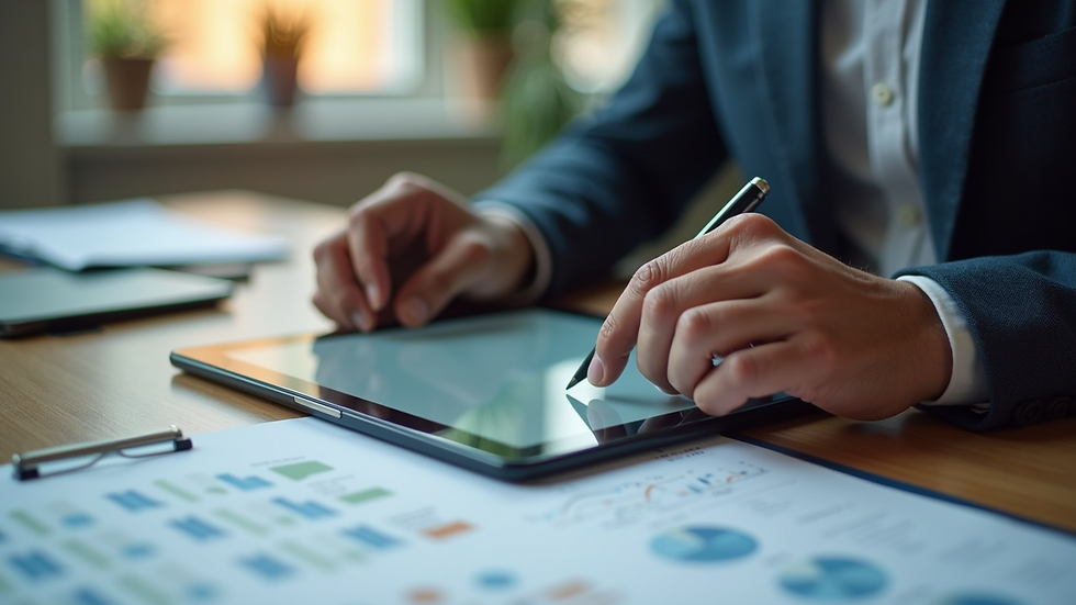 Close-up view of a business leader reviewing talent development plans on a digital tablet