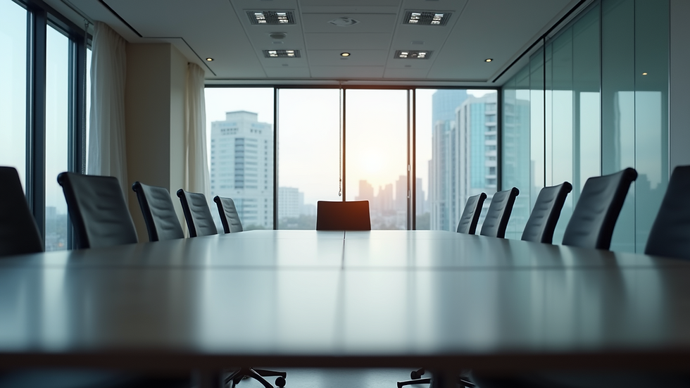Eye-level view of a modern conference room with empty chairs around a table