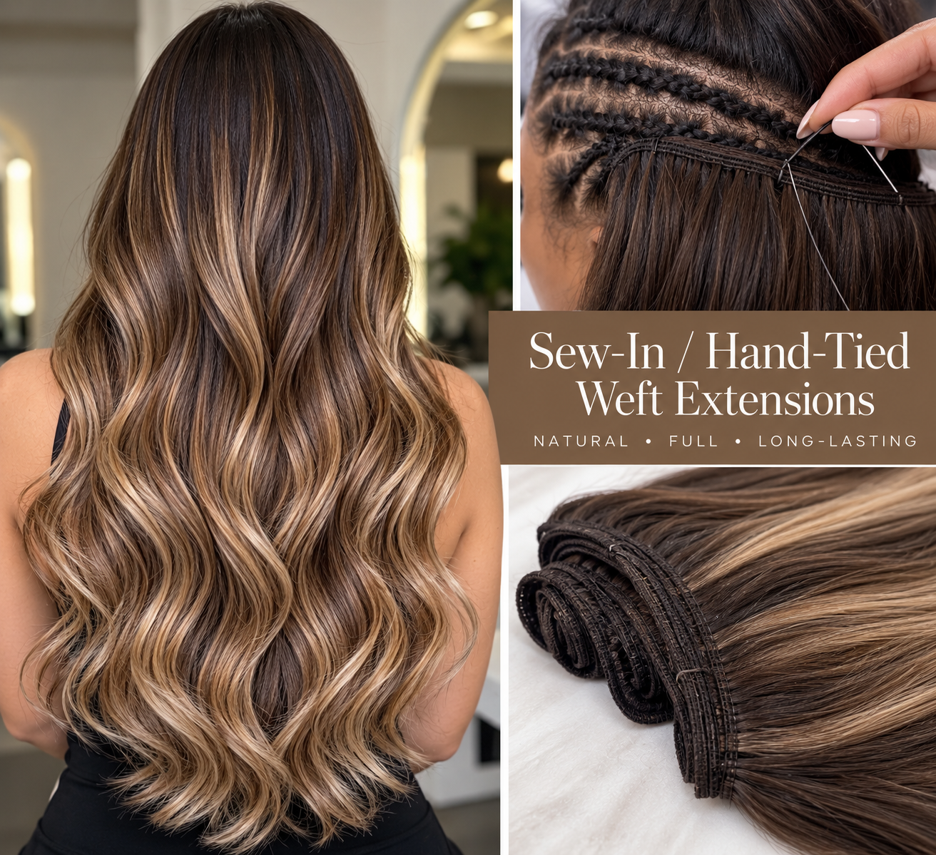 Sew-in and hand-tied weft extensions application and result.