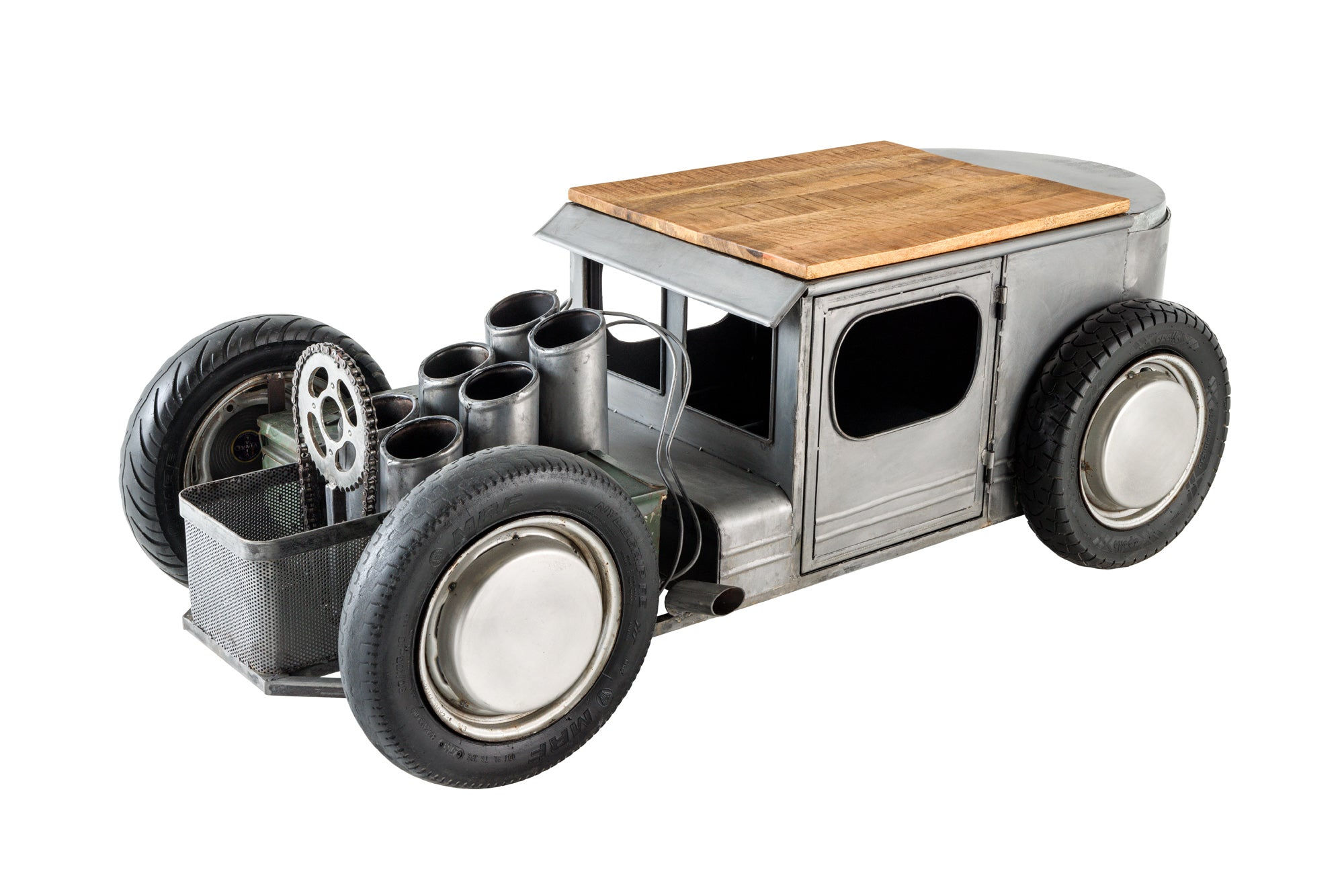 Table basse HOT ROD 165 cm en tôle d'acier et plateau en bois de manguier