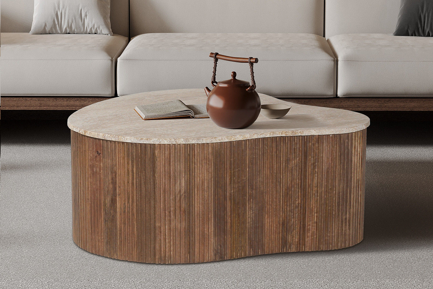 Table basse Paul 83cm, bois de manguier avec travertin beige