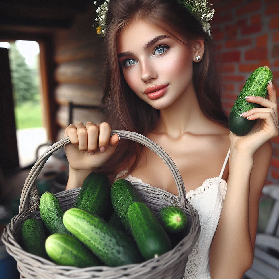 the picture shows a girl with a harvest of cucumbers