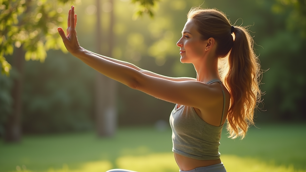 A peaceful yoga retreat set in a natural paradise, featuring a diverse group of people practicing yoga outdoors at sunrise.