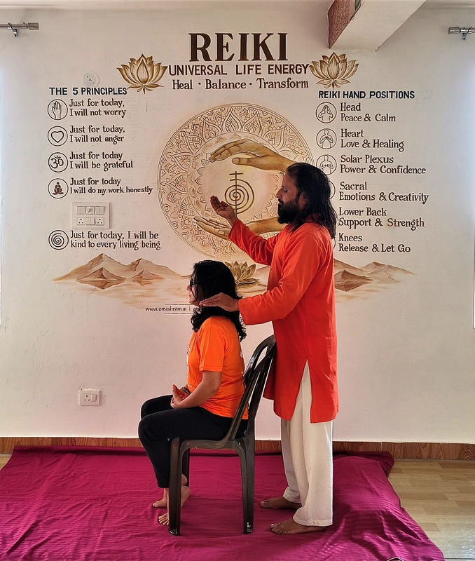 Students practicing Reiki meditation and energy healing in the Himalayas