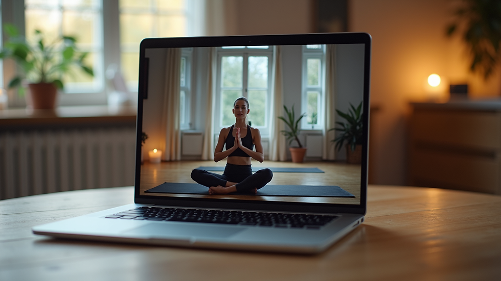 Close-up view of a laptop screen showing an online yoga class in progress
