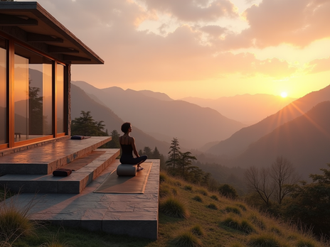 Authentic yoga teacher training retreat in Kangra Valley featuring yoga practice, meditation, mountain scenery, and peaceful Himalayan surroundings.