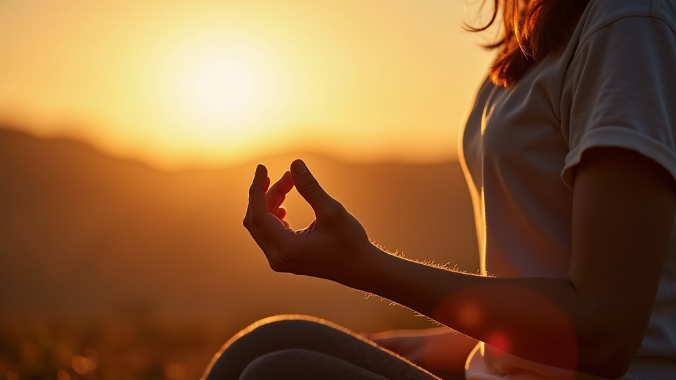 Close-up view of a person practicing deep breathing outdoors at sunrise