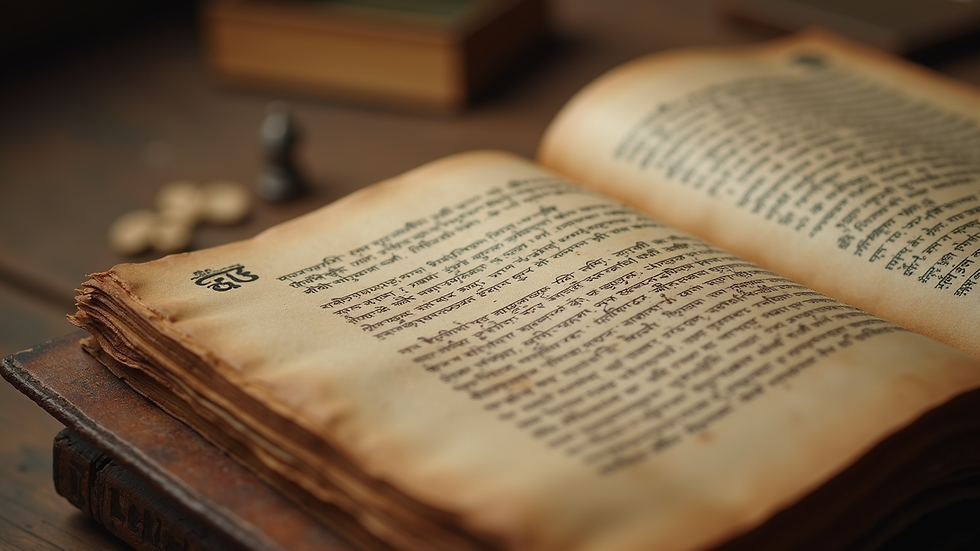 Close-up view of an ancient manuscript with Sanskrit text