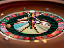 Close-up of a spinning roulette wheel with a silver spinner and ball on red and black numbers. HFM logo in the lower left corner.