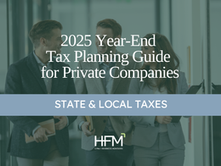 Three people in business attire walk together smiling. Text: "2025 Year-End Tax Planning Guide for Private Companies, State & Local Taxes."
