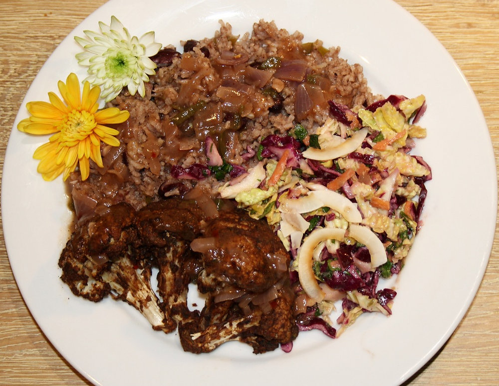 Jerk Cauliflower, Rice and Peas, jerk gravy + Slaw The Dopey Vegan