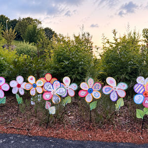 Bunt bemalte Windrädli stehen bei Abendlicht in einem Gartenbeet. Sie wurden beim Sternensofa als liebevolle Erinnerungszeichen für Sternenkinder gestaltet.
