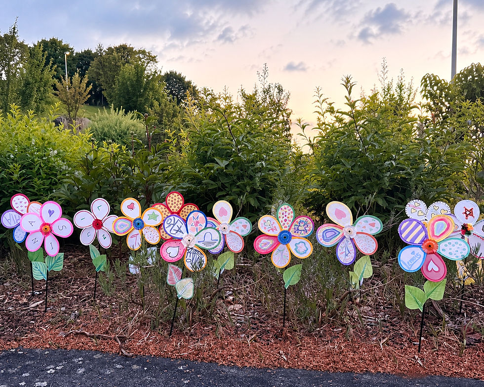 Bunt bemalte Windrädli stehen bei Abendlicht in einem Gartenbeet. Sie wurden beim Sternensofa als liebevolle Erinnerungszeichen für Sternenkinder gestaltet.