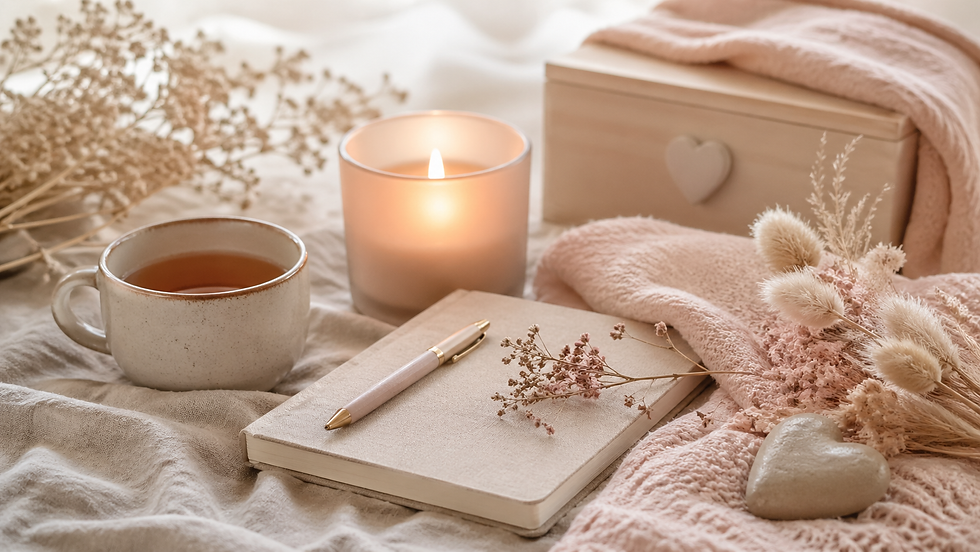 Tasse Tee, Kerze, Notizbuch, Trockenblumen und eine Erinnerungsbox in warmen Sand und Rosétönen als stiller Ort für Halt, Erinnerung und Trauer.