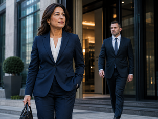 Latina executive walking with a discreet personal security professional outside a modern office