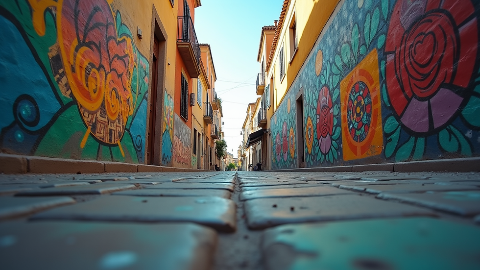 Eye-level view of a vibrant urban street with colorful murals