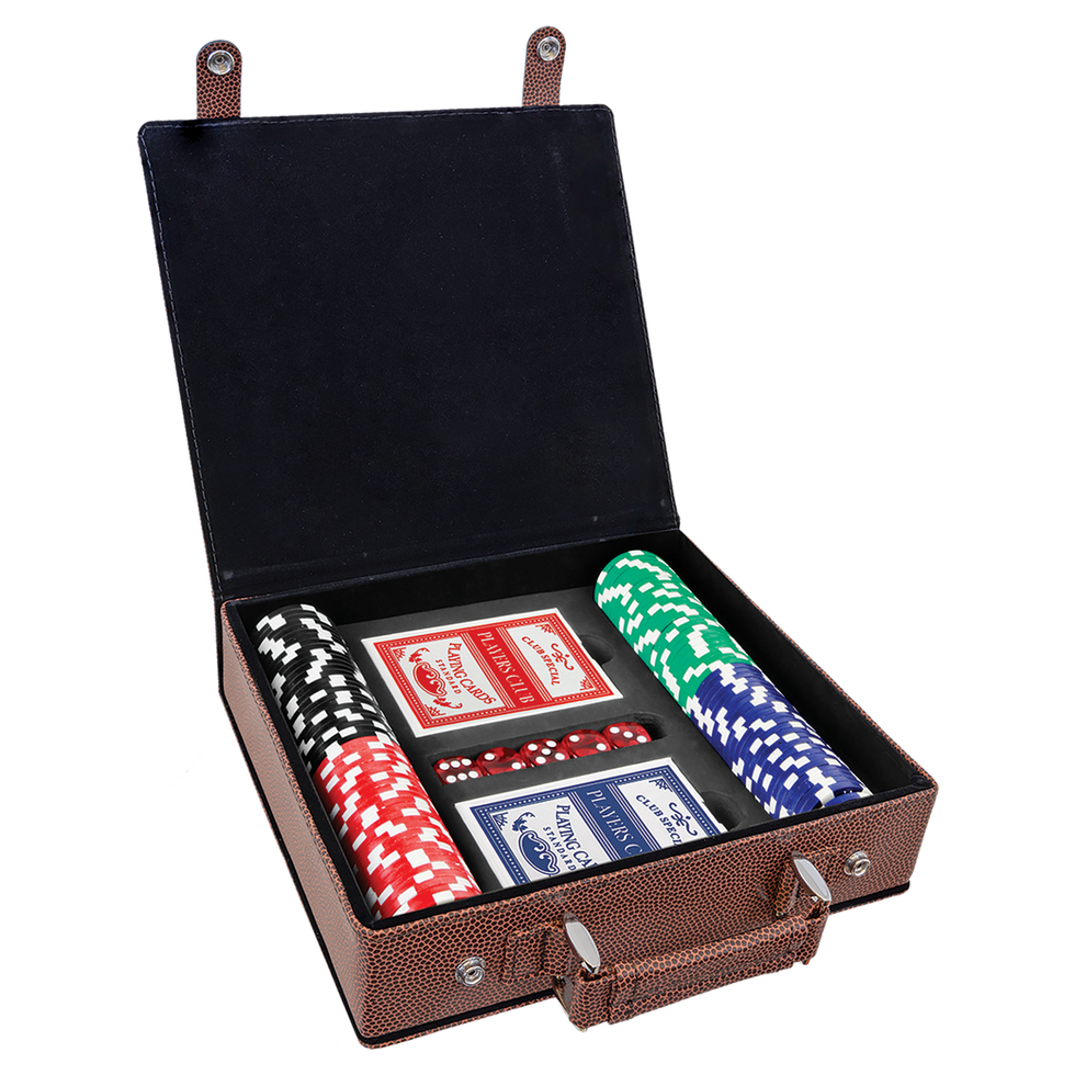 Open football poker set showing the black felt-lined interior and storage slots.