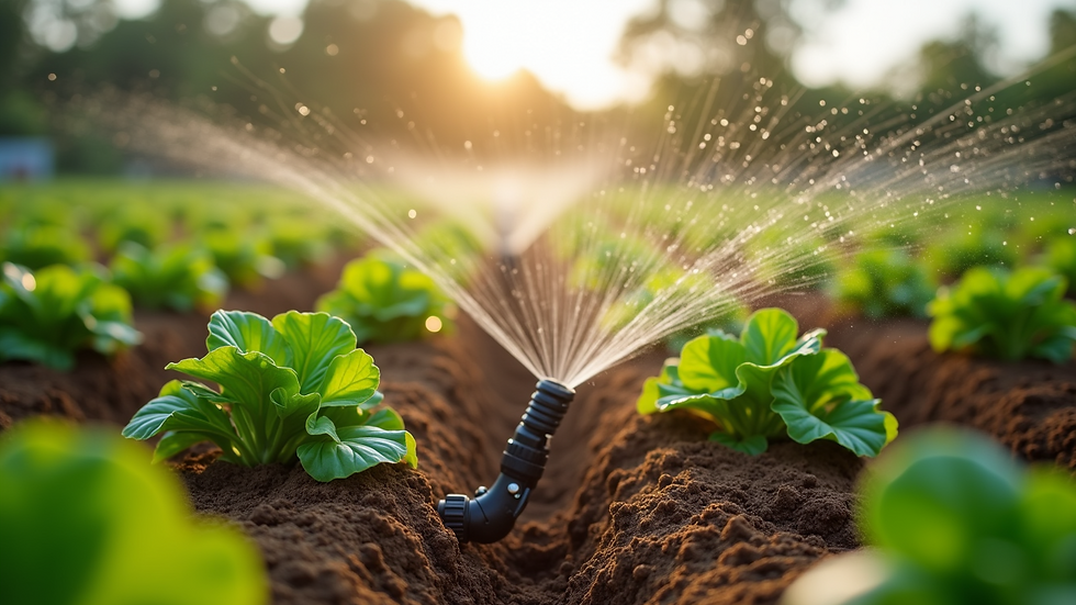 High angle view of a drip irrigation system watering vegetable crops