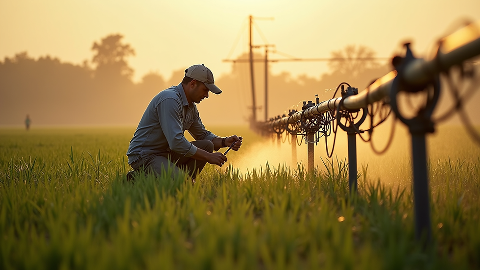 High angle view of a farmer installing drip irrigation system in a field