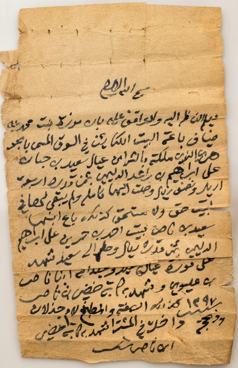Aged paper document featuring detailed Arabic calligraphy. The script is written in flowing lines on a noticeably worn and textured surface, suggesting historical value.