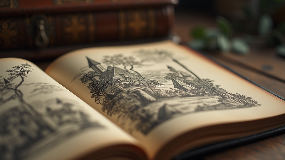 Close-up view of a storyteller's book with intricate illustrations