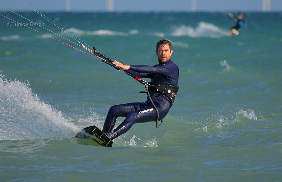 James Garnett kitesurfing in UK summer sunshine