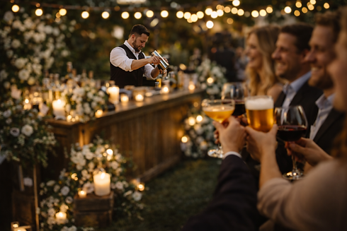 Wedding guests enjoying curated beverage service during reception