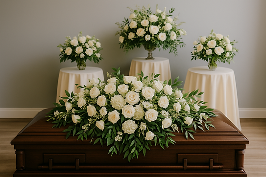 Graceful funeral floral display by BLOOM by Lynne-Lee in Des Moines with elegant ivory and blush casket spray, standing sprays, and accent arrangements honoring a loved one.