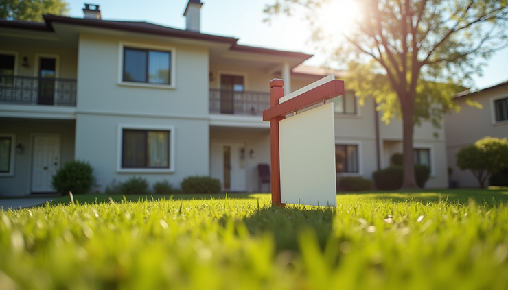 Close-up view of a duplex property with a "For Sale" sign
