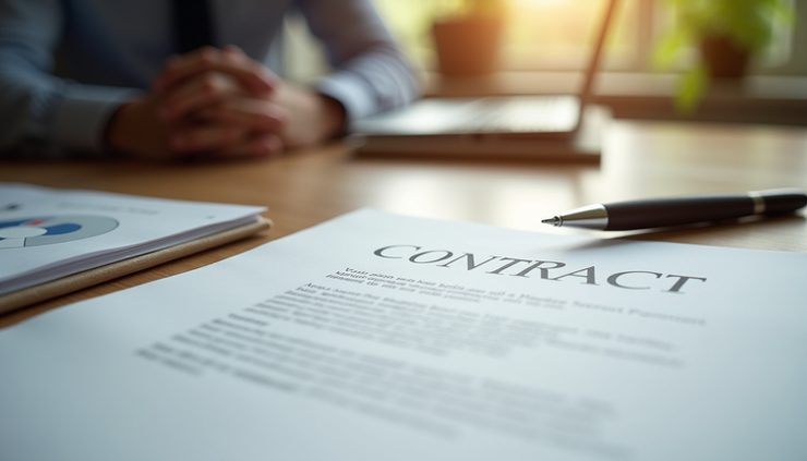 Eye-level view of a contract with a pen resting on it