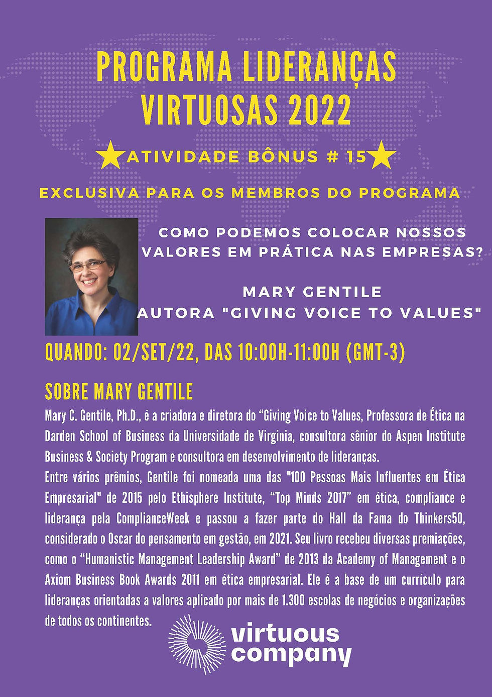 Imagem do folder promocional da atividade bônus 15 do Programa Lideranças Virtuosas com a foto de Mary Gentile