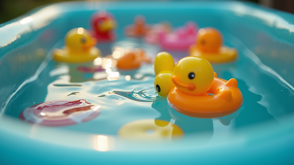 Eye-level view of colorful water toys floating in a clear plastic tub