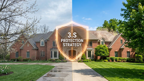 A conceptual split-screen image showing a home during a rainy Ohio spring on the left and a sunny, hot Ohio summer on the right, with a protective shield icon bridging the two seasons.