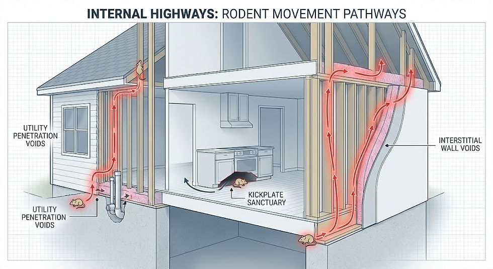 Technical infographic diagram of a house cross-section illustrating hidden rodent movement pathways. Red glowing arrows show mice entering through utility penetration voids in the foundation, traveling up through interstitial wall voids between studs, and nesting in the "kickplate sanctuary" beneath kitchen cabinets.