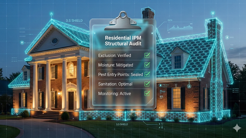 An AI-assisted technical infographic of a New Albany residence featuring a semi-transparent clipboard with an IPM Structural Audit checklist. A glowing blue 3.S shield protects the foundation. This image is a conceptual, AI-generated technical rendering.