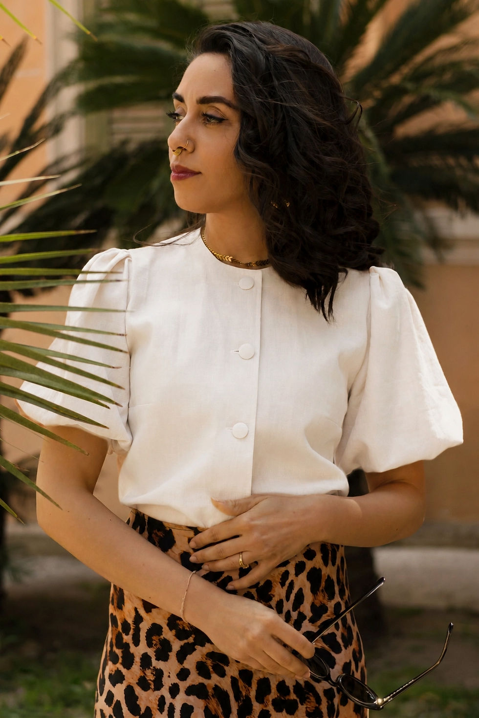 Miniatura: Macaron - Camicia Girocollo con Bottoni Rivestiti - Puro Lino