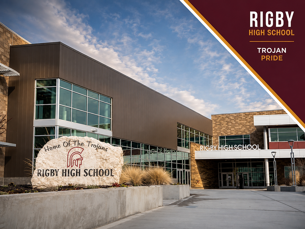 Rigby High School exterior with Trojan Pride branding