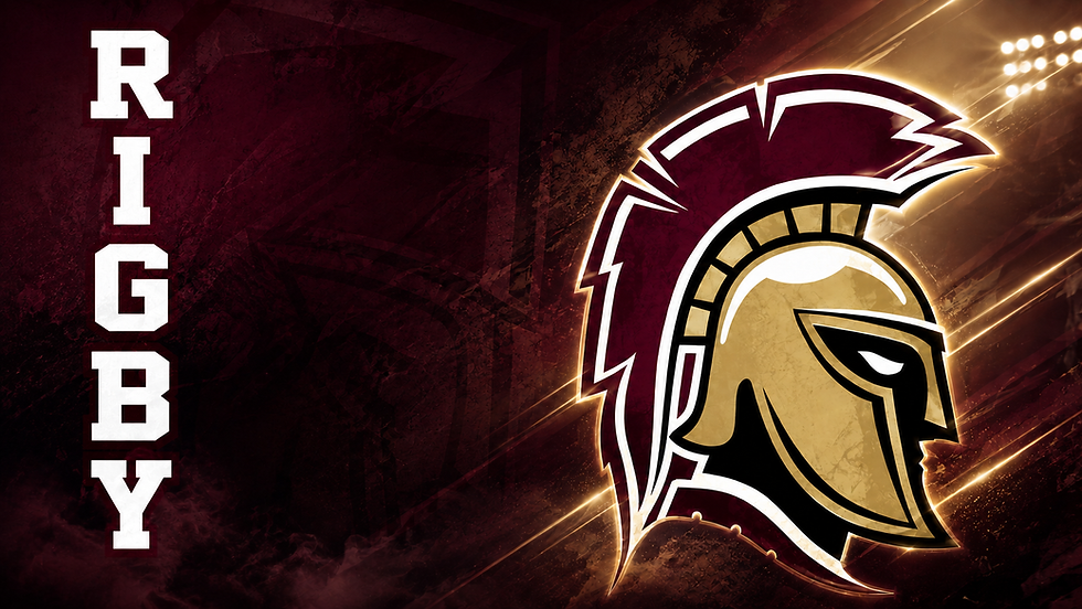 Wide landscape maroon and gold Trojan mascot graphic with the word RIGBY vertically on the left, strong school spirit sports design, wide landscape