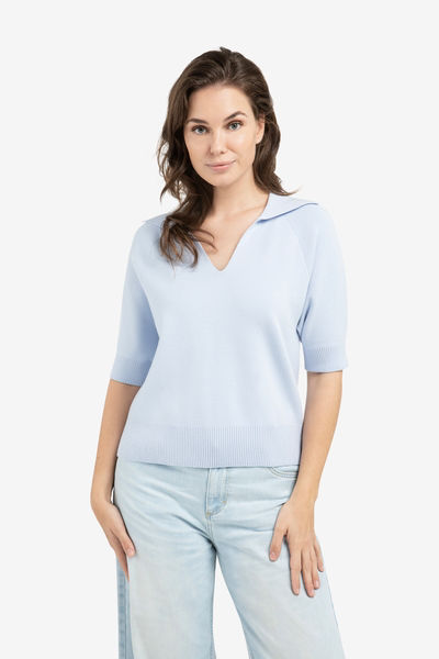 Thumbnail: Yaya V neck Cotton Sweater With Collar Ice Blue . 