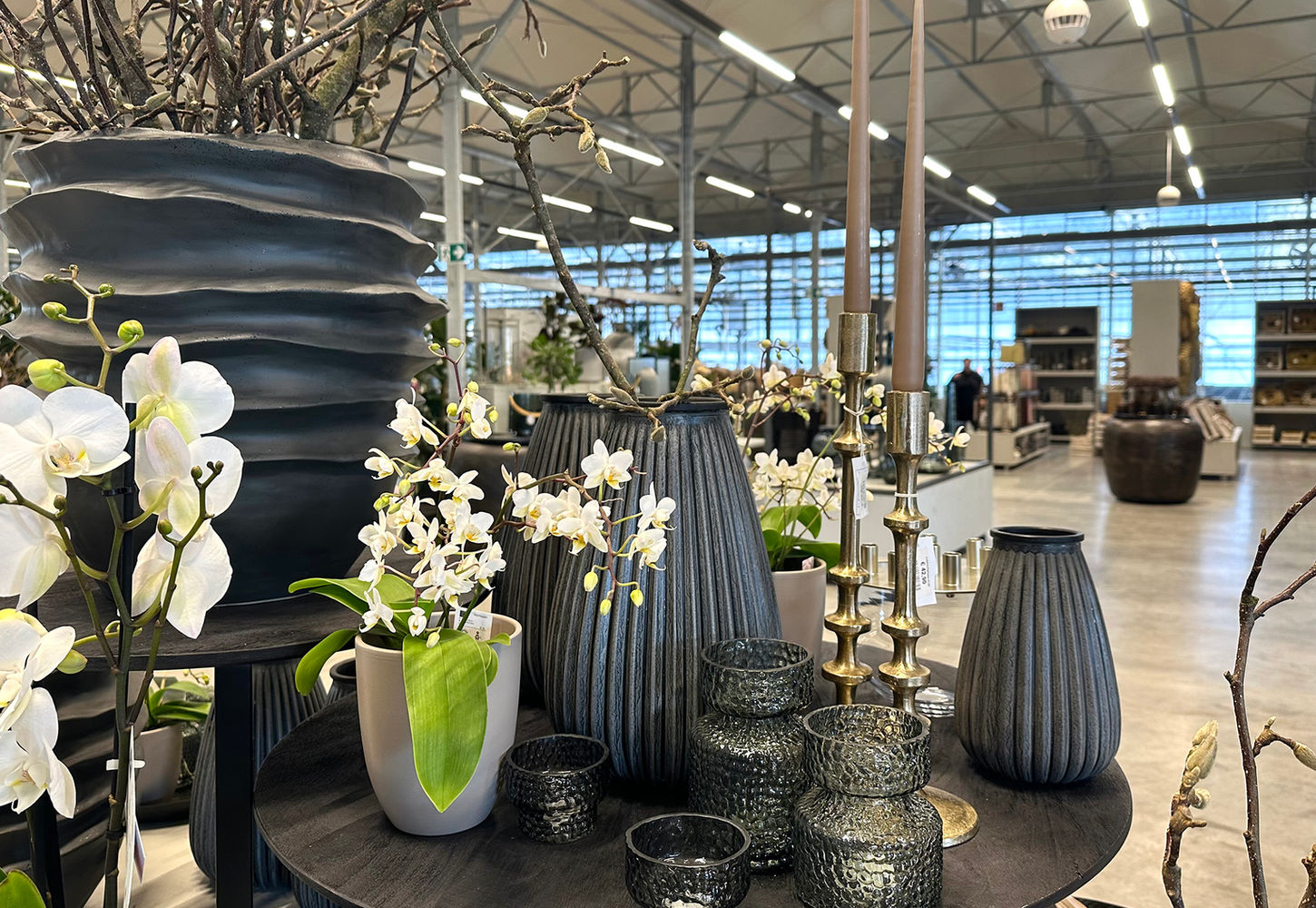 Blumenshop mit Orchideen und Vasen