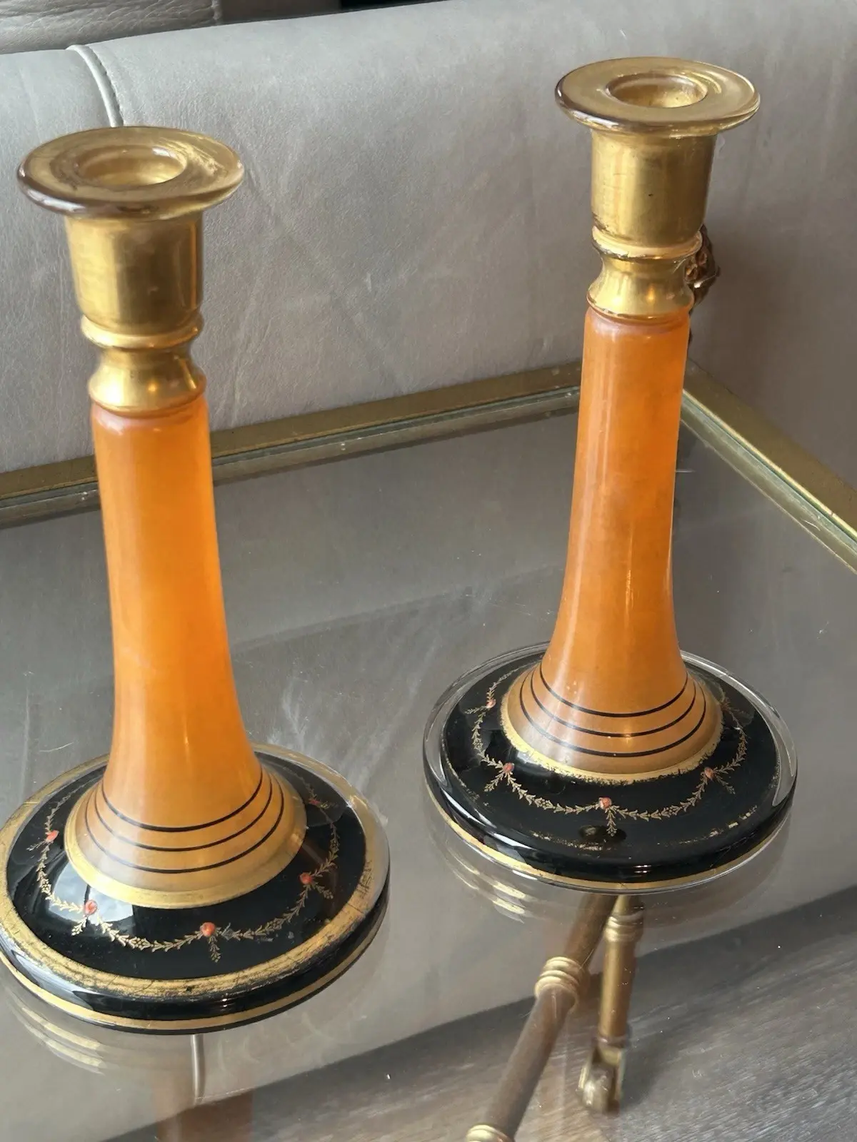 Amber Glass + Brass Candlestick Holders