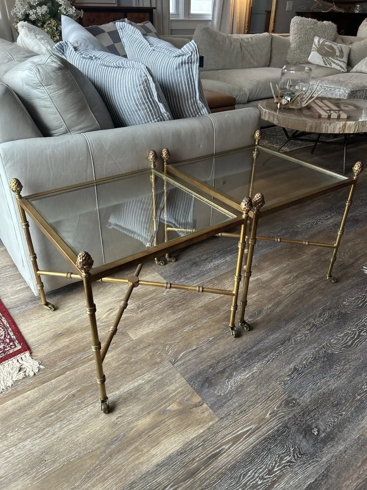Mid Century Faux Bamboo Hollywood Regency Brass Square Side Tables